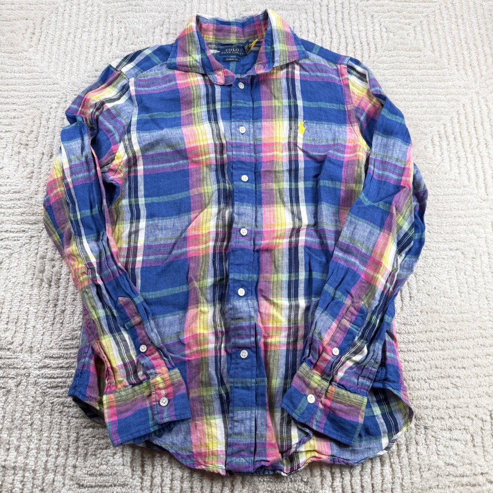 Polo Ralph Lauren Linen Button Shirt Womens M Plaid Preppy Madras Nautical Chic